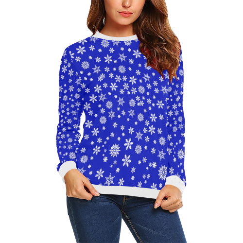 Christmas White Snowflakes on Blue All Over Print Crewneck Sweatshirt for Women (Model H18)