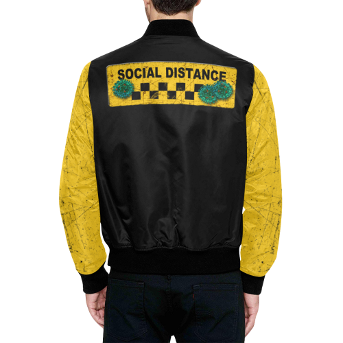 black and yellow social distance virus warning All Over Print Quilted Bomber Jacket for Men (Model H33)