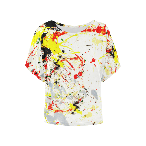 Black, Red, Yellow Paint Splatter Women's Batwing-Sleeved Blouse T shirt (Model T44)