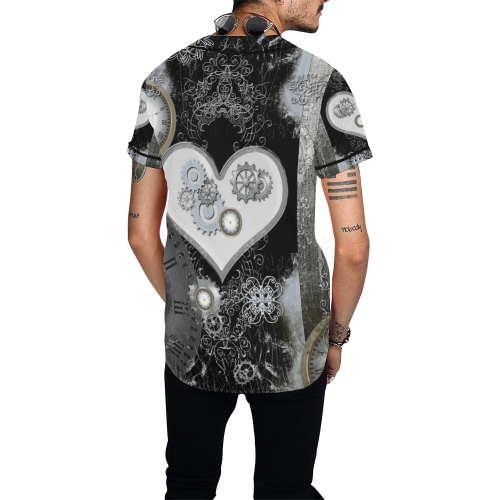 Steampunk, heart, clocks and gears All Over Print Baseball Jersey for Men (Model T50)