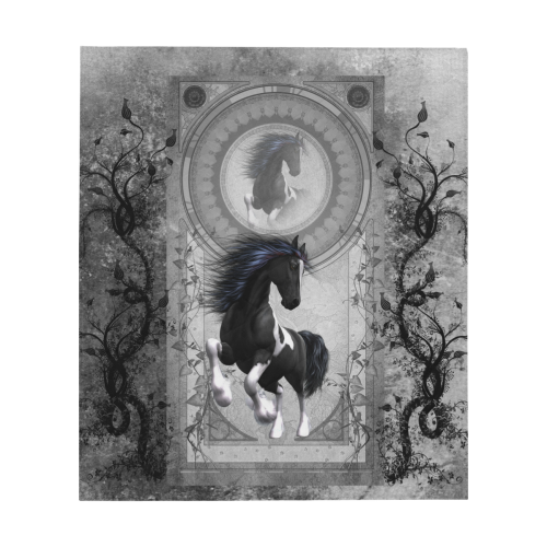 Awesome horse in black and white with flowers Quilt 60"x70"