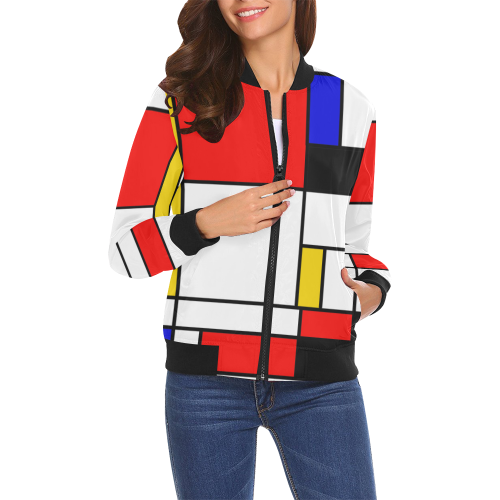 Bauhouse Composition Mondrian Style All Over Print Bomber Jacket for Women (Model H19)