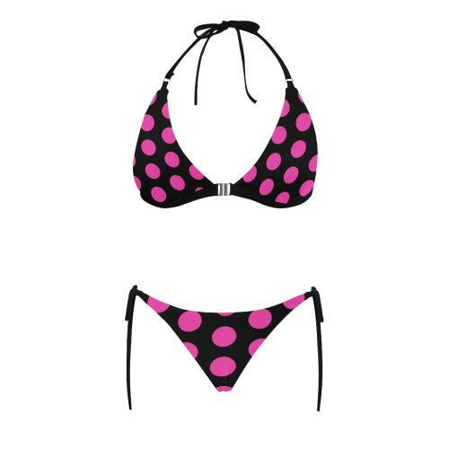 Pink Polka Dots on Black Buckle Front Halter Bikini Swimsuit (Model S08)