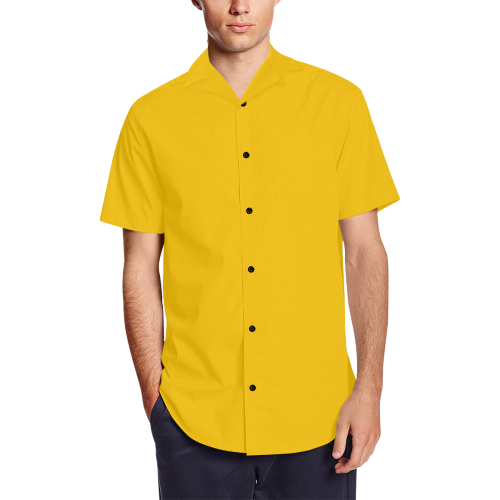 Gold Metallic Lion Yellow Men's Short Sleeve Shirt with Lapel Collar (Model T54)