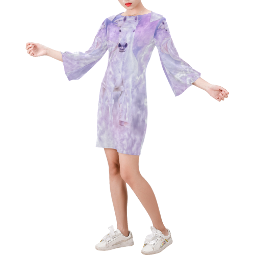Girly Romantic Horse Of Clouds Bell Sleeve Dress (Model D52)
