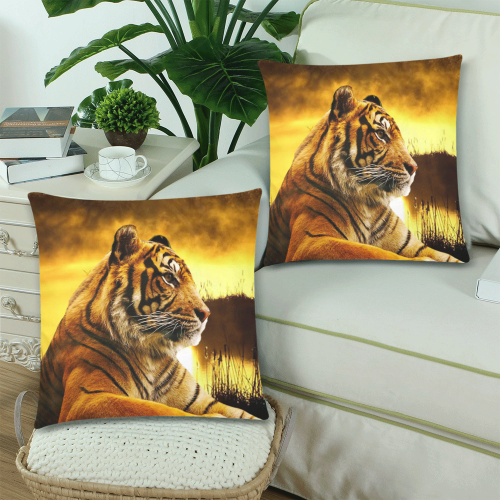Tiger and Sunset Custom Zippered Pillow Cases 18"x 18" (Twin Sides) (Set of 2)