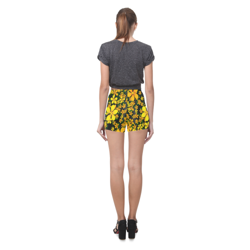 Pretty Orange & Yellow Flowers on Black Briseis Skinny Shorts (Model L04)