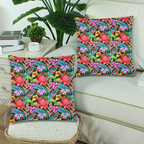Tropical Floral Custom Zippered Pillow Cases 18"x 18" (Twin Sides) (Set of 2)