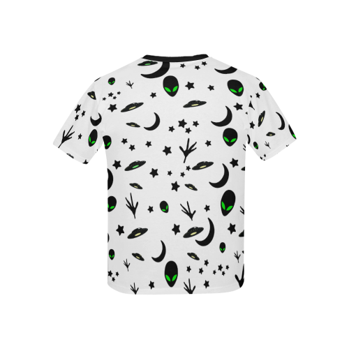 Alien Flying Saucers Stars Pattern on White Kids' All Over Print T-Shirt with Solid Color Neck (Model T40)