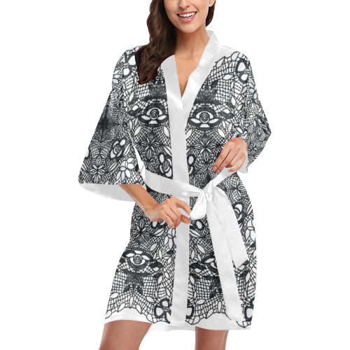 Black Crocheted Lace Mandala Pattern on white Kimono Robe
