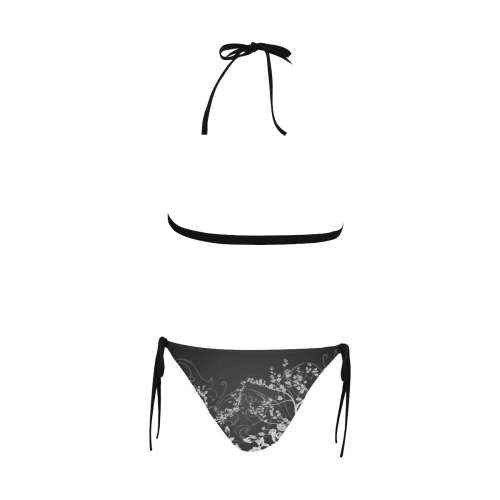 Flowers in black and white Buckle Front Halter Bikini Swimsuit (Model S08)