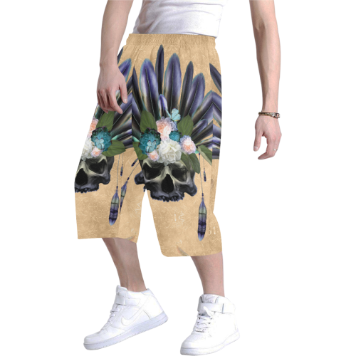 Cool skull with feathers and flowers Men's All Over Print Baggy Shorts (Model L37)