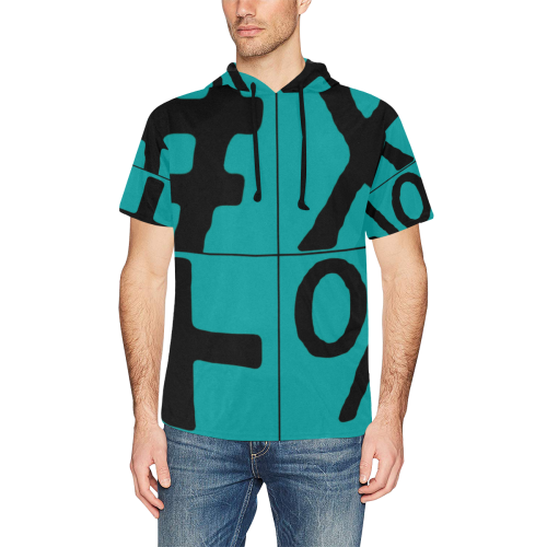 NUMBERS Collection Symbols Black/Teal All Over Print Short Sleeve Hoodie for Men (Model H32)