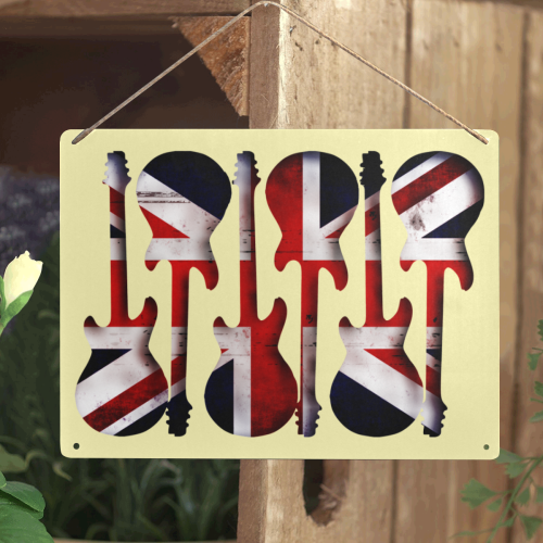 Union Jack British UK Flag Guitars Yellow Metal Tin Sign 16"x12"