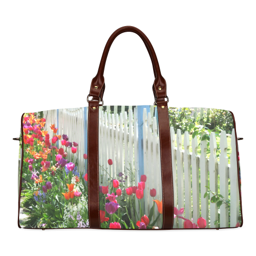 Tulips Garden Along White Picket Fence Floral Photography waterproof travel bag Waterproof Travel Bag/Small (Model 1639)
