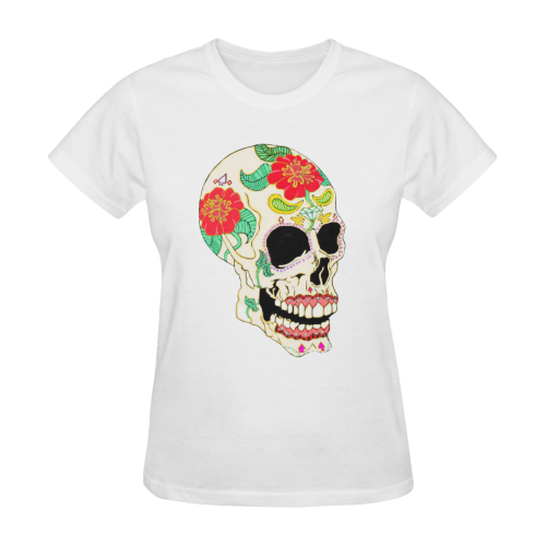 Flower Sugar Skull White Women's T-Shirt in USA Size (Two Sides Printing)