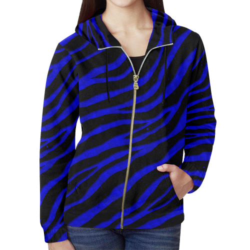 Ripped SpaceTime Stripes - Blue All Over Print Full Zip Hoodie for Women (Model H14)
