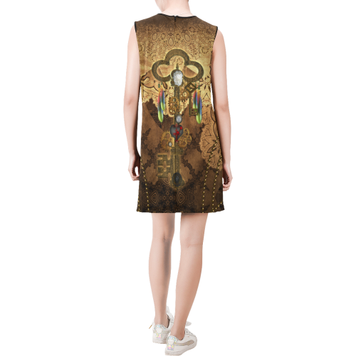Steampunk, key with clocks, gears and feathers Sleeveless Round Neck Shift Dress (Model D51)
