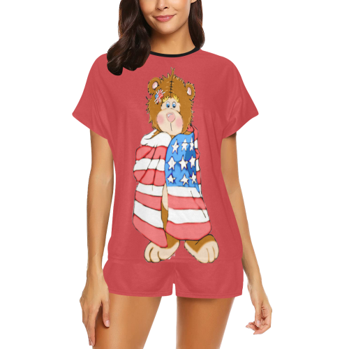 Patriotic Flag Bear Flame Scarlet Women's Short Pajama Set