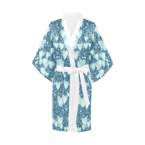 Hearts on Sparkling glitter print, teal Kimono Robe