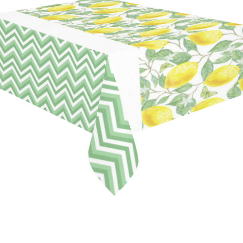 Lemons With Chevron Cotton Linen Tablecloth 60"x 84"