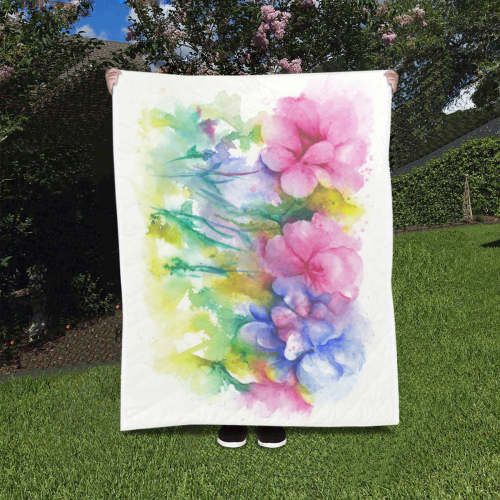 Tropical Flowers, Bold Floral Watercolor Quilt 40"x50"