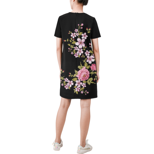 Pure Nature - Summer Of Pink Roses 1 Short-Sleeve Round Neck A-Line Dress (Model D47)