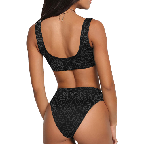 A elegant vintage floral damasks in  gray and black Sport Top & High-Waisted Bikini Swimsuit (Model S07)