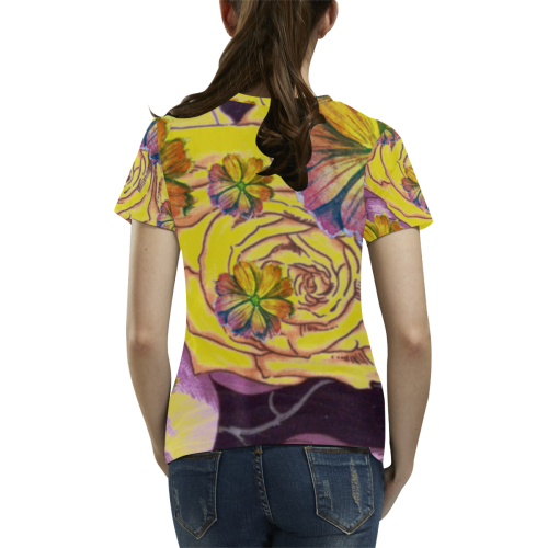 Multicolor Watercolor Flowers Yellow Purple Green All Over Print T-Shirt for Women (USA Size) (Model T40)
