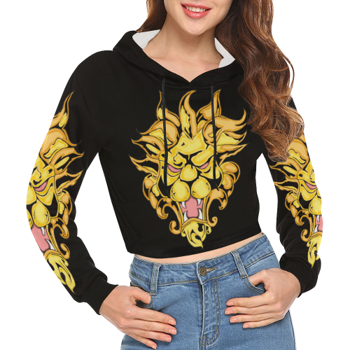Gold Metallic Lion Black All Over Print Crop Hoodie for Women (Model H22)