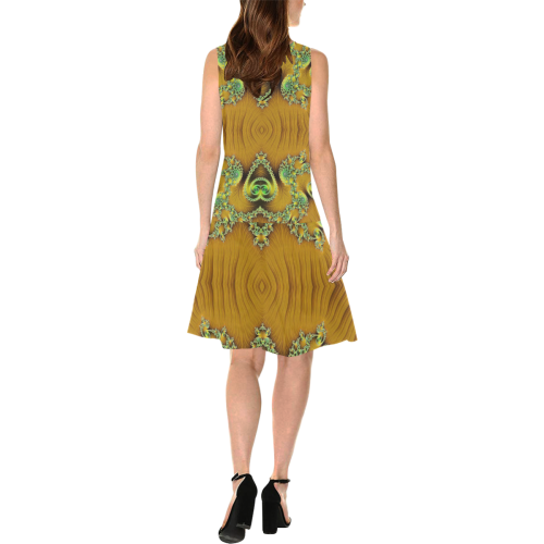 Gold and Green  Hearts  Lace Fractal Abstract Sleeveless Splicing Shift Dress(Model D17)