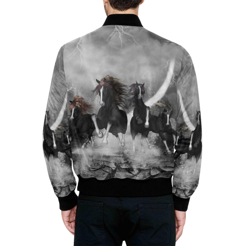 Awesome running black horses All Over Print Quilted Bomber Jacket for Men (Model H33)