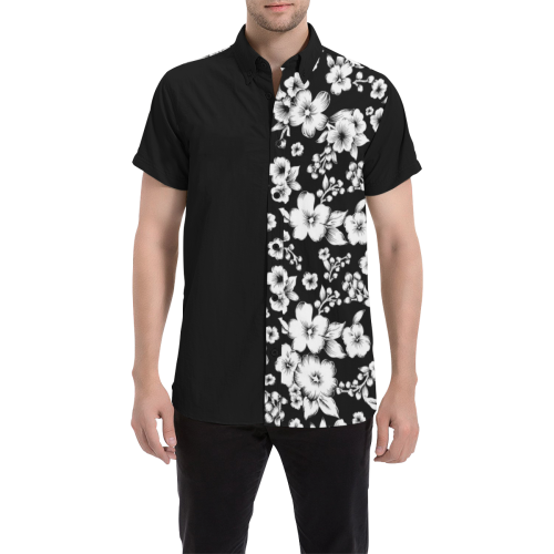 Fine Flowers Pattern Solid Black White Men's All Over Print Short Sleeve Shirt (Model T53)