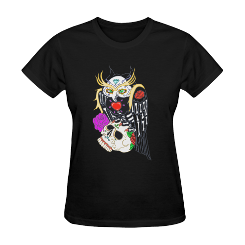 Owl Sugar Skull Black Women's T-Shirt in USA Size (Two Sides Printing)
