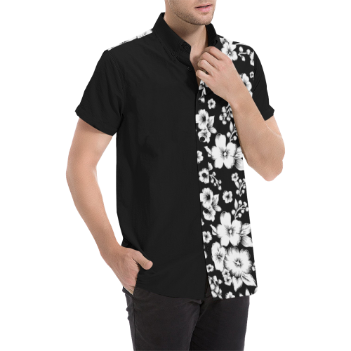Fine Flowers Pattern Solid Black White Men's All Over Print Short Sleeve Shirt (Model T53)