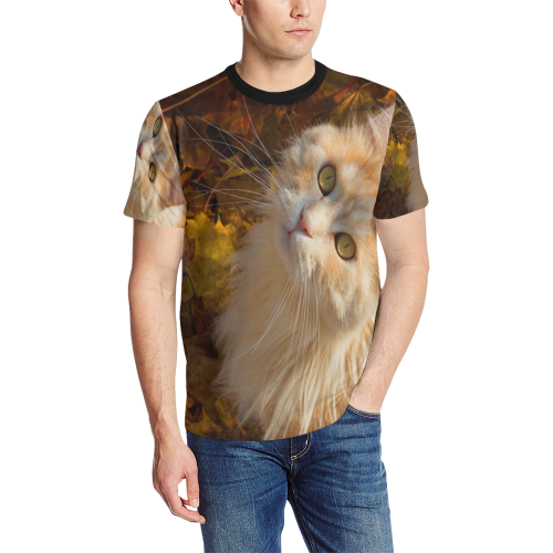 cat Men's All Over Print T-Shirt (Solid Color Neck) (Model T63)