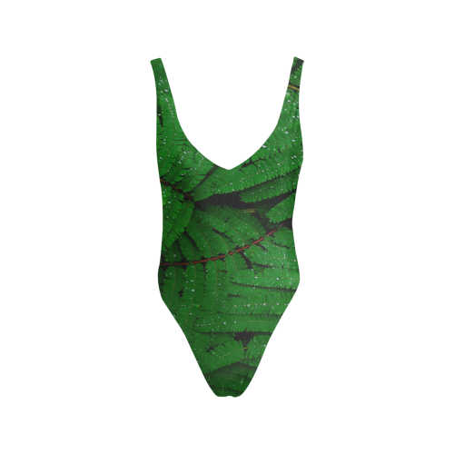 Forest Green Plants with Dew Photo Sexy Low Back One-Piece Swimsuit (Model S09)