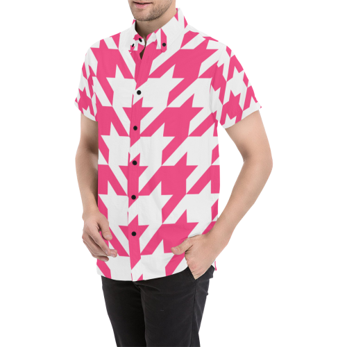 Pink Houndstooth Men's All Over Print Short Sleeve Shirt/Large Size (Model T53)