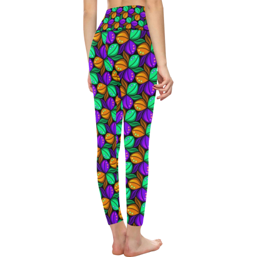Tricolor Floral Pattern Orange Green and Violet Women's All Over Print High-Waisted Leggings (Model L36)