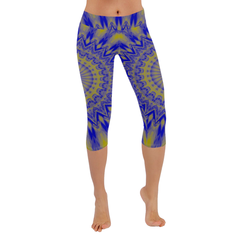 Blue and Gold mandala Women's Low Rise Capri Leggings (Invisible Stitch) (Model L08)