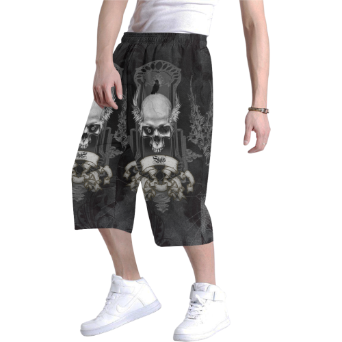 Skull with crow in black and white Men's All Over Print Baggy Shorts (Model L37)
