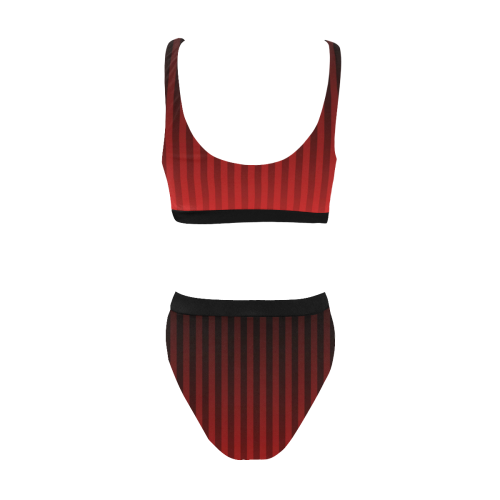 Vertical Red Stripes Sport Top & High-Waisted Bikini Swimsuit (Model S07)
