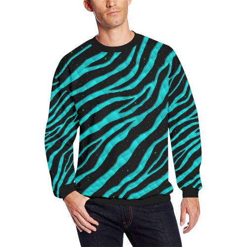 Ripped SpaceTime Stripes - Cyan Men's Oversized Fleece Crew Sweatshirt/Large Size(Model H18)