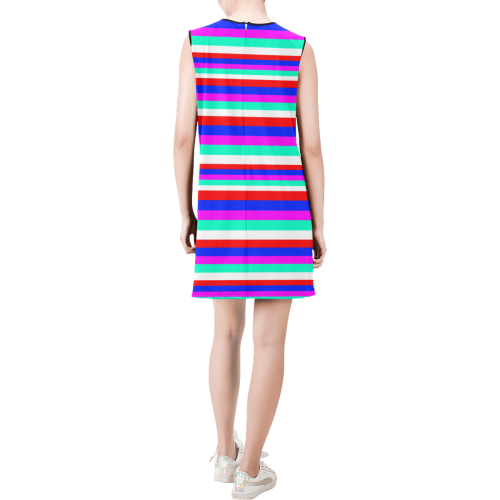 Colored Stripes - Fire Red Royal Blue Pink Mint Wh Sleeveless Round Neck Shift Dress (Model D51)