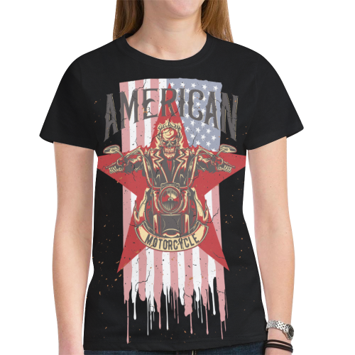 American Motorcycle Fire Biker - USA Flag 1 New All Over Print T-shirt for Women (Model T45)