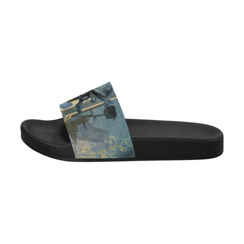 The blue skull with crow Women's Slide Sandals (Model 057)