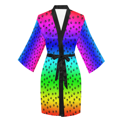 rainbow with black paws Long Sleeve Kimono Robe