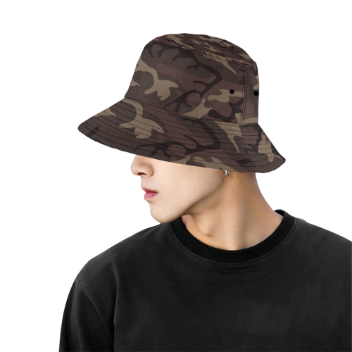 Camo Red Brown All Over Print Bucket Hat for Men
