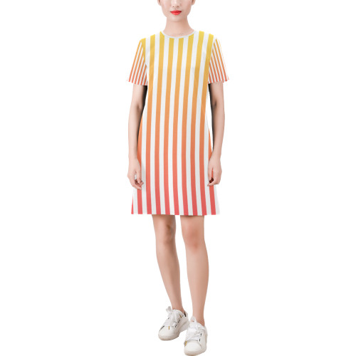 Yellow Orange Stripes on White Short-Sleeve Round Neck A-Line Dress (Model D47)