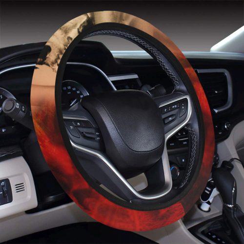 Creepy skulls on red background Steering Wheel Cover with Elastic Edge
